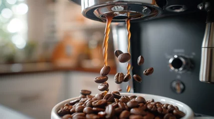 Fotobehang Coffee mug. Close-up of coffee beans pouring from a coffee maker. © suphamit