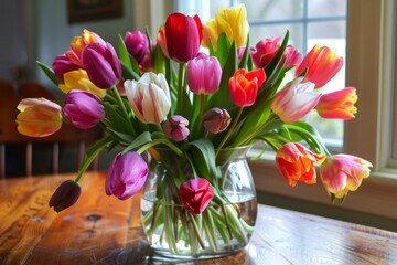 Vibrant Tulip Bouquet in Glass Vase Captured on a Sunny Spring Day - 788958729