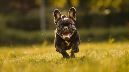 French Bulldog, running, outdoor, grass, park, dog, pet, blur background, sunset, yellow, green,...