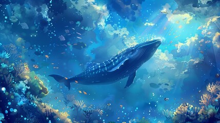 Whimsical sky with floating whales, underwater fish swimming among coral, dreamy atmosphere.