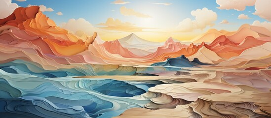 Fantasy mountain landscape with lake and sunset sky