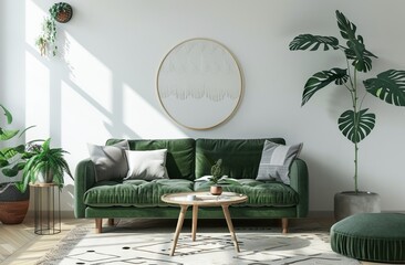 Modern Living Room Decor Featuring a Green Sofa - 788958906