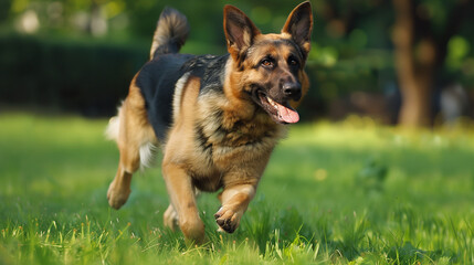 German Shepherd , running, outdoor, grass, park, dog, pet, blur background, sunset, yellow, green, black, brown