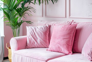 Pastel Pink Sofa With Matching Cushions in a Modern Living Room Setup - 788958937