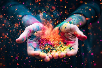 Vibrant Holi Festival Colors Exploding From Hands at Dusk - 788958972