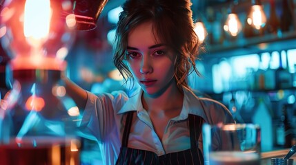 Cute young waitress with a cocktail by pouring the check into a pitcher from a bot.