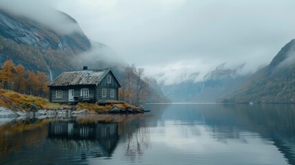 lonely old house in a fjord nature, minimalist style, copy and space text, 16:9