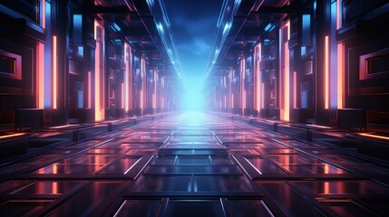 futuristic corridor with neon lights and reflections. - obrazy, fototapety, plakaty