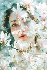 Serene Womans Face Blended With Blossoming Magnolia Branches in Springtime