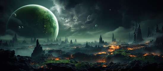 Fantasy landscape with green planet.