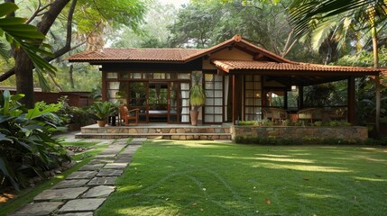 An idyllic bungalow nestled a the lush greenery offering the perfect escape for a restful slumber. 2d flat cartoon.