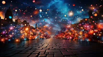 Night city street with lights and fireworks. - obrazy, fototapety, plakaty