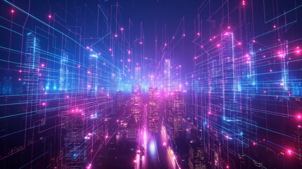 A digital image of a futuristic city with skyscrapers and glowing red and blue lights.

