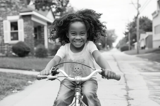A child gleefully riding a bicycle with training wheels, carefree expression, freedom and liberation.