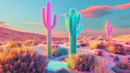 A tall, pink cactus stands in a desert landscape with a purple sky.

