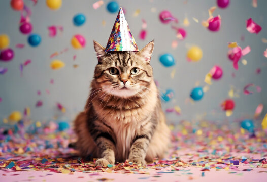 confetti created party Happy festive hat cat concept Birthday ai generate celebration fun celebrate cake gift candle cupcake colourful present word decoration anni