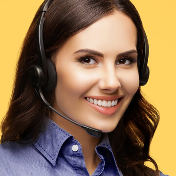 Contact Call Center Service. Customer support, sales agent. Caller help answer phone operator or businesswoman in headset. Face portrait business woman. Isolate yellow background. Square image