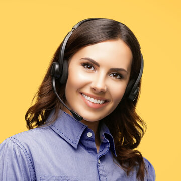 Contact Call Center Service. Customer support, sales agent. Caller help answer phone operator or businesswoman in headset. Portrait of business woman. Isolated yellow background. Square image