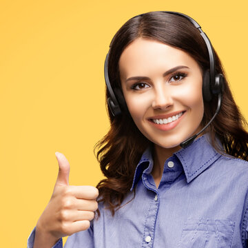 Contact Call Center Service. Customer support, sales agent. Caller phone operator or businesswoman show thumb up gesture. Portrait business woman. Isolated yellow background. Square image