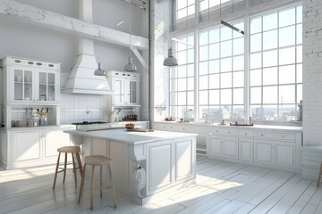 Interior photography luxury kitchen studio in loft style room in white, with kitchen furniture luxury, Generative AI - Powered by Adobe