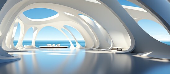 Futuristic interior with sea view,