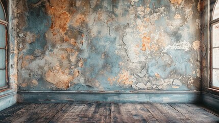 Empty room in minimalist retro style old walls with peeling paint with wooden floor. Product showcase background. - obrazy, fototapety, plakaty