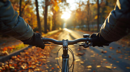 close up man riding a bicycle on a road in autumn, evening.
