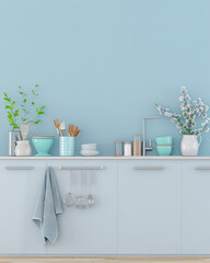 Obraz na płótnie Canvas Elegant kitchen interiors in pastel blue tones with a modern minimalist style. Interiors composition.