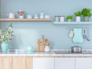 Fototapeta na wymiar Elegant kitchen interiors in pastel blue tones with a modern minimalist style. Interiors composition.
