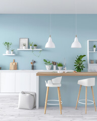 Fototapeta premium Elegant kitchen interiors in pastel blue tones with a modern minimalist style. Interiors composition.