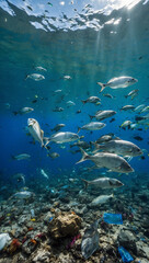 Fototapeta na wymiar Environmental Alert: Fish Swimming Amid Plastic Pollution