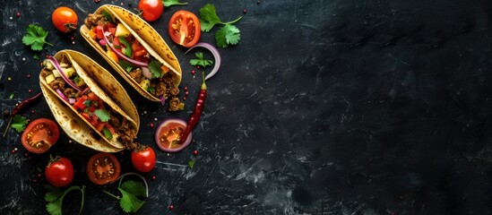 Classic Mexican tacos filled with beef and veggies, set against a dark background, seen from above with room for text.