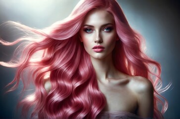 A beautiful woman with long pink hair