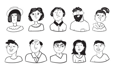 Hand drawn set of people faces in black and white. Portraits of various men and women.