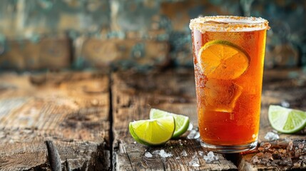 A classic Mexican cocktail the Michelada rests invitingly on a rustic wooden table This delightful beverage is crafted with a base of beer creating a refreshing and authentic drink