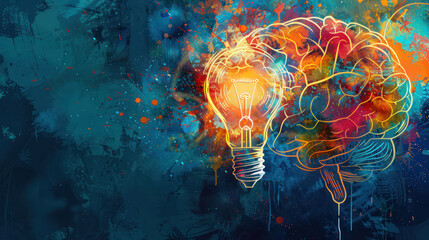 Light Bulb and Brain Painting - obrazy, fototapety, plakaty
