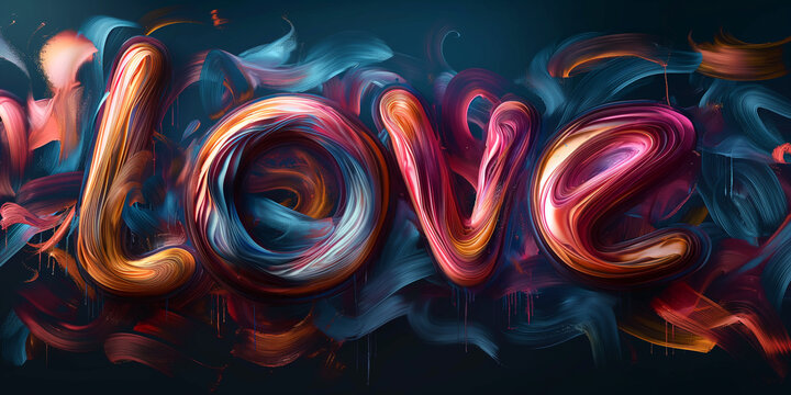 The word love written in vibrant brushstrokes, dynamic paint textures in romance positive emotion