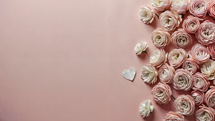 A pink background with a border of pink and white flowers on the right side. There is a white heart on the right side in the middle.
