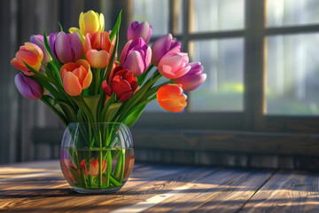 Fototapeta premium colorful tulips in vase on wooden table. colorful tulip bouquet still life. vibrant spring flowers in ceramic pot