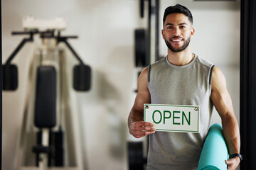 Man, portrait and open sign in gym for exercise with yoga mat, health workout and startup...