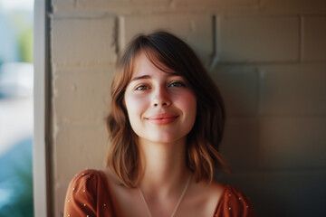肩までの長さの茶色の髪で微笑む若い女性のポートレート。ベージュの壁の前に立っている。