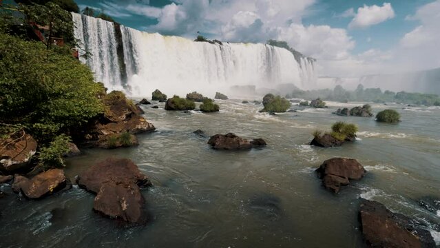 Prominent Waterfalls UNESCO World Heritage Site In Iguazu Falls, Argentina - Brazil Border, South America. Wide Shot