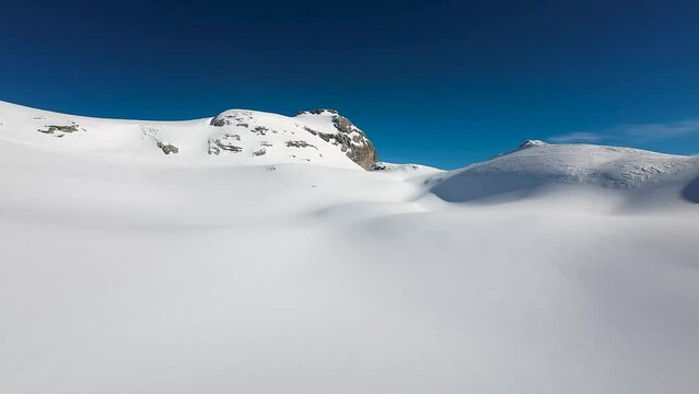 Aerial image near the snow in the ski slope area in Crans-Montana, Swiss Alps, Switzerland.