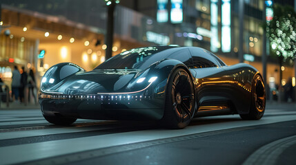 Futuristic Car Driving on City Street at Night