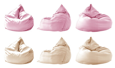2 Collection set of pastel light pink beige cream plain beanbag bean bag seat chair, front side view on transparent cutout, PNG file. Many angle. Mockup template for design