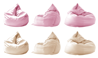 2 Collection set of pastel light pink beige cream plain beanbag bean bag seat chair, front side view on transparent cutout, PNG file. Many angle. Mockup template for design