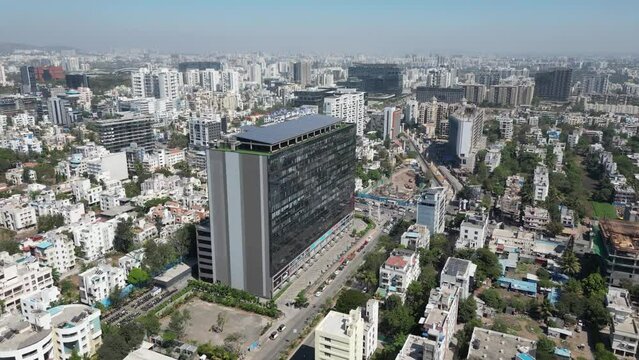 Bird view of India City landsacpe, Pune city, IT park Drone view, Use of solar panel