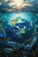 Earth drowned in ocean surrounded by plastic waste