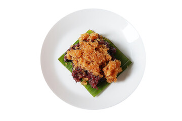 Sweet Black Sticky Rice with Caramelized Coconut on white plate, isolate on white background