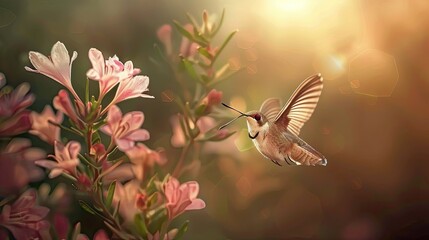 Detailed view of a hummingbird moth hovering near flowers - obrazy, fototapety, plakaty